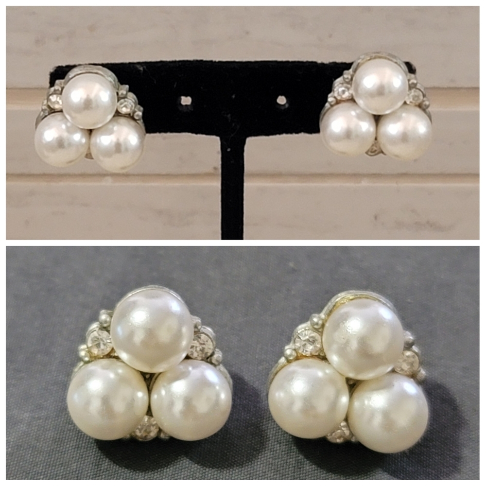 Vtg Faux Pearl Cluster Earrings